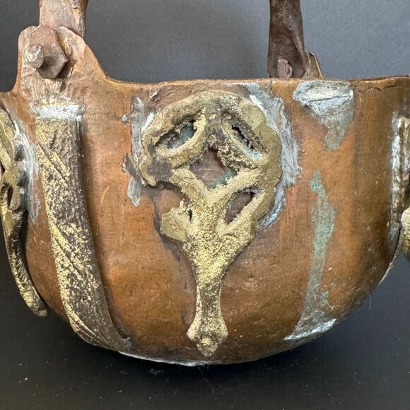 Antique Copper Cache Pot With Brass Embellishments Wobbly Bottom Unique French D - Picture 4 of 13